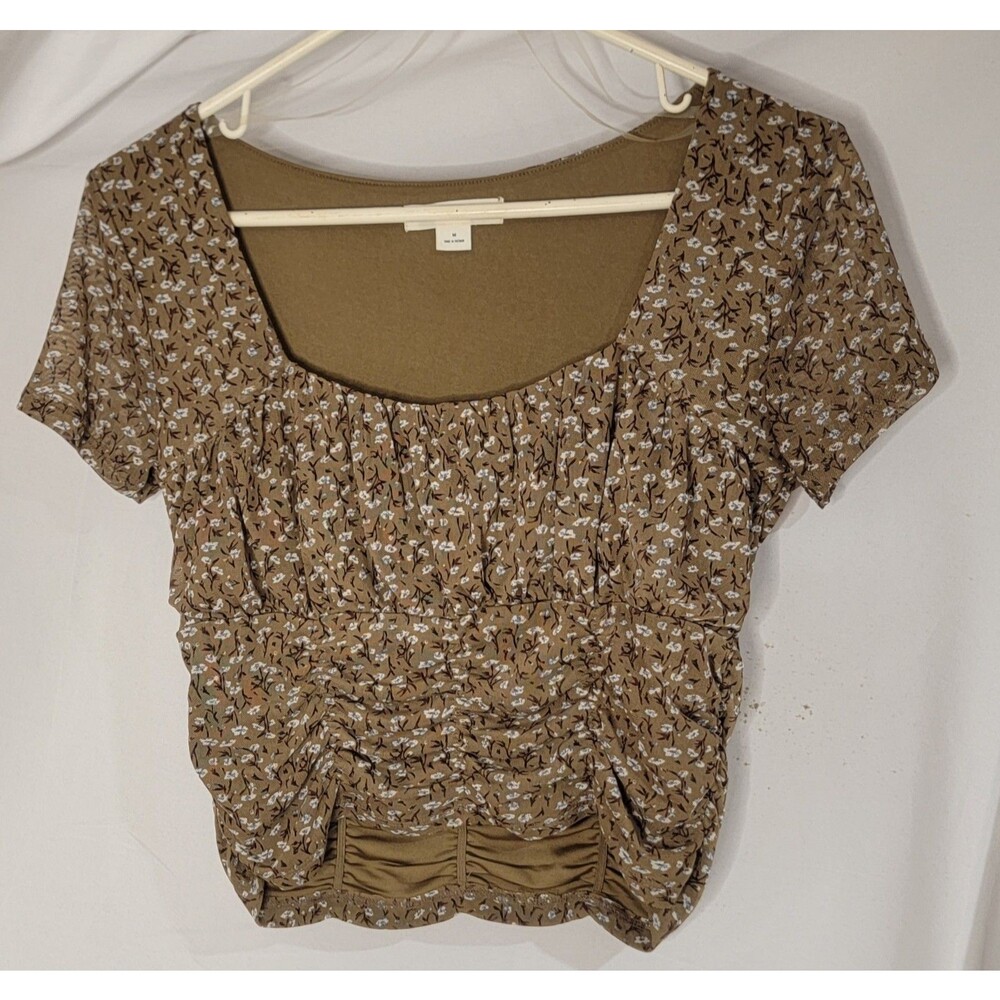 Aeropostale Juniors Med Brown Floral Crop Top Ruched Stretch Tee Y2K Cottagecore